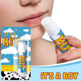 Sacubee cow-print blue lip balm decor for gender reveal celebrations.