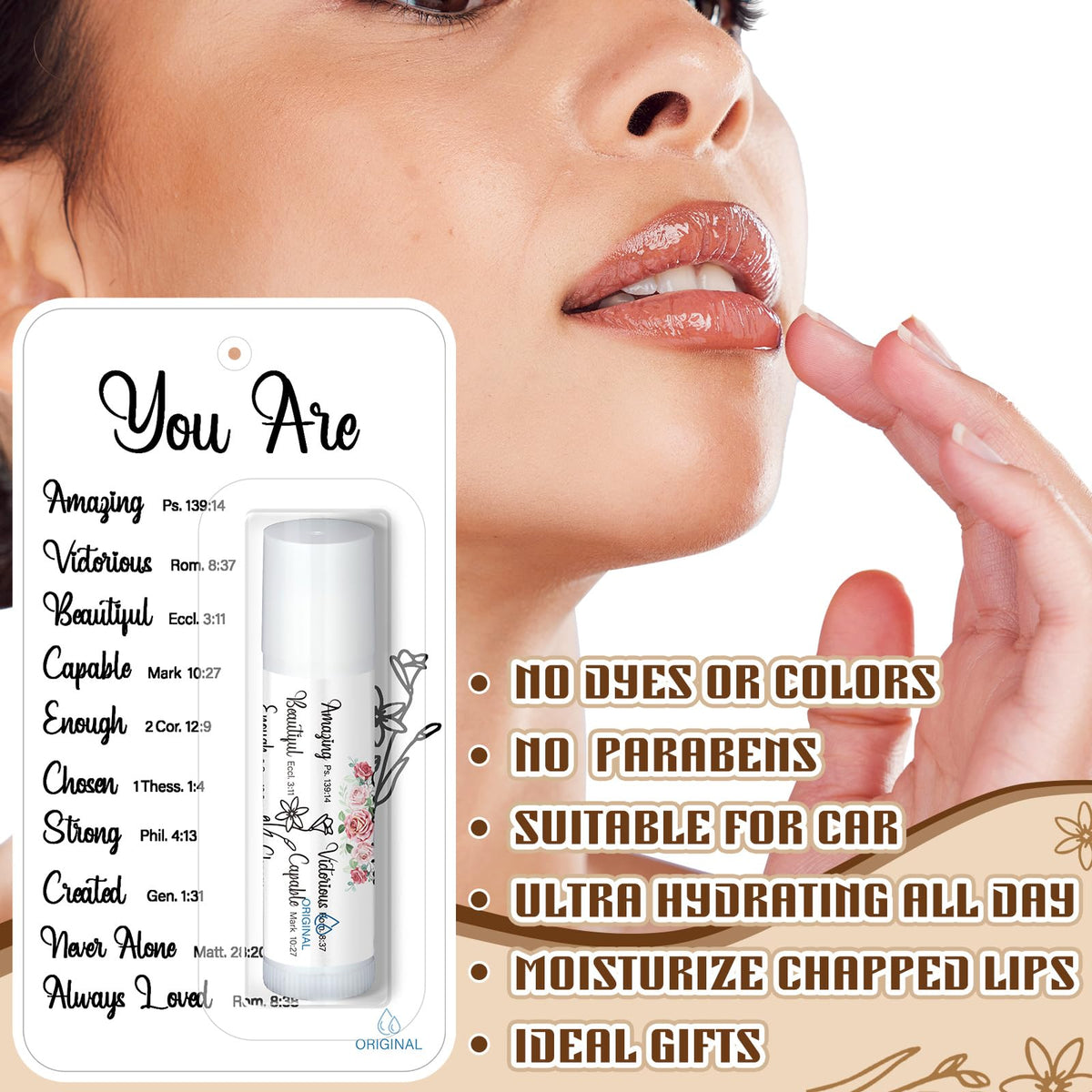 Sacubee lip balm with Bible verse labels offers inspirational messages