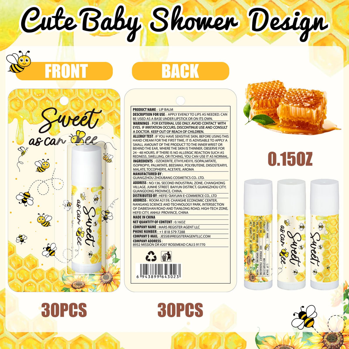 Sacubee lip balms with a cute bee design ideal for baby showers