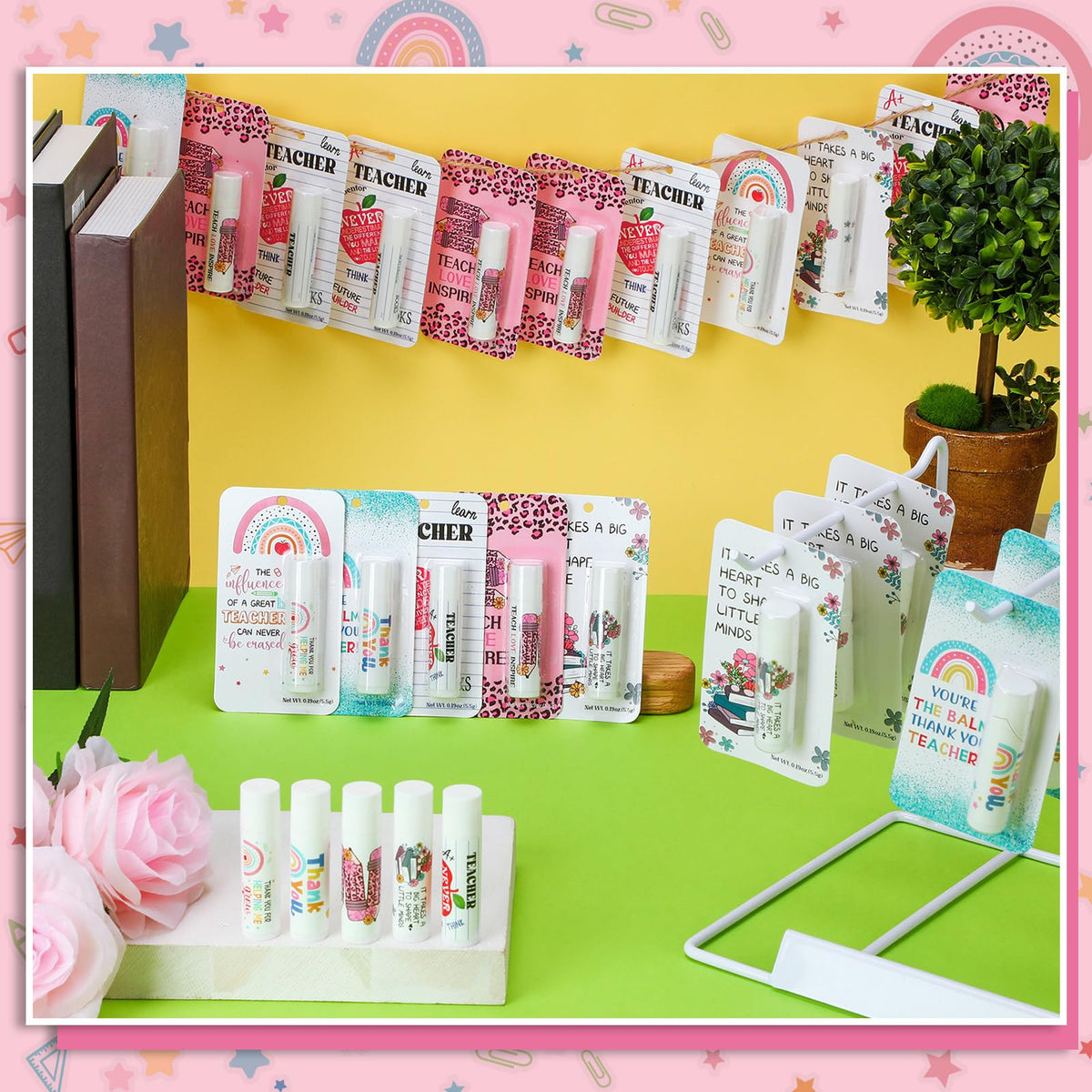 Sacubee lip balm table display for Teacher Week celebrations.
