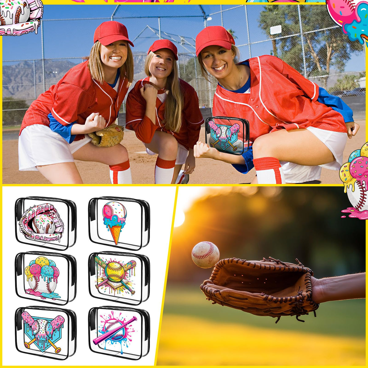 Sadnyy ice cream drip baseball cosmetics bag adds playful flair for gifts