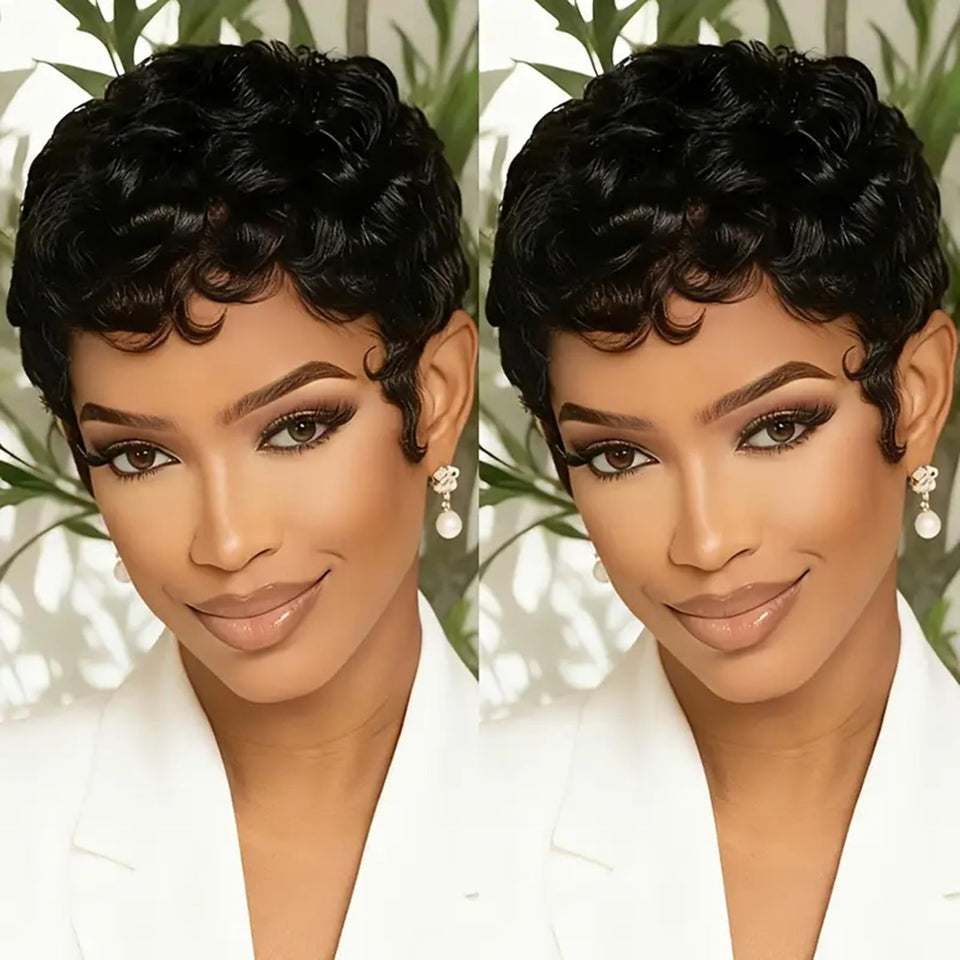 SAEIALL short pixie cut wig 1B black with curly waves for natural movement