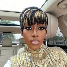 SAEIALL pixie cut wig with bangs detail for easy framing.