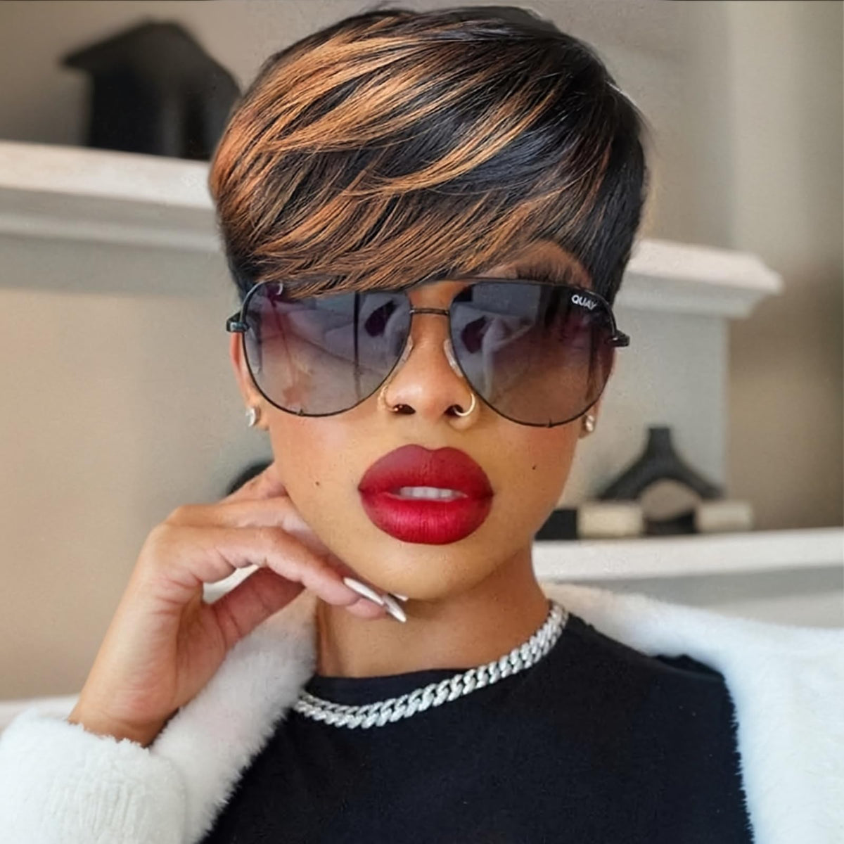 SAEIALL Pixie Wig front view in 1B33 black-brown for a sleek everyday look.