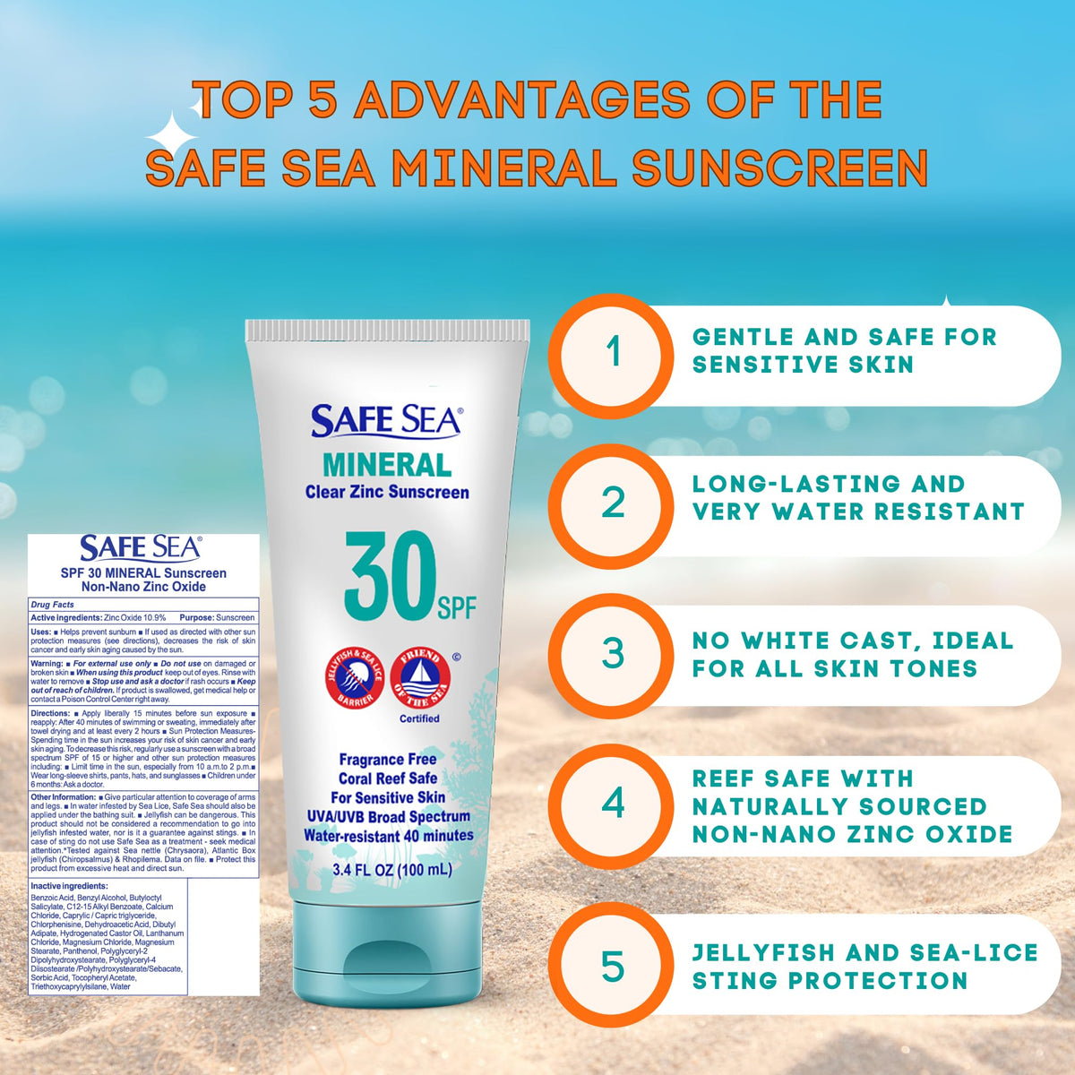 Safe Sea SPF30 label detail highlighting broad-spectrum protection without white cast.