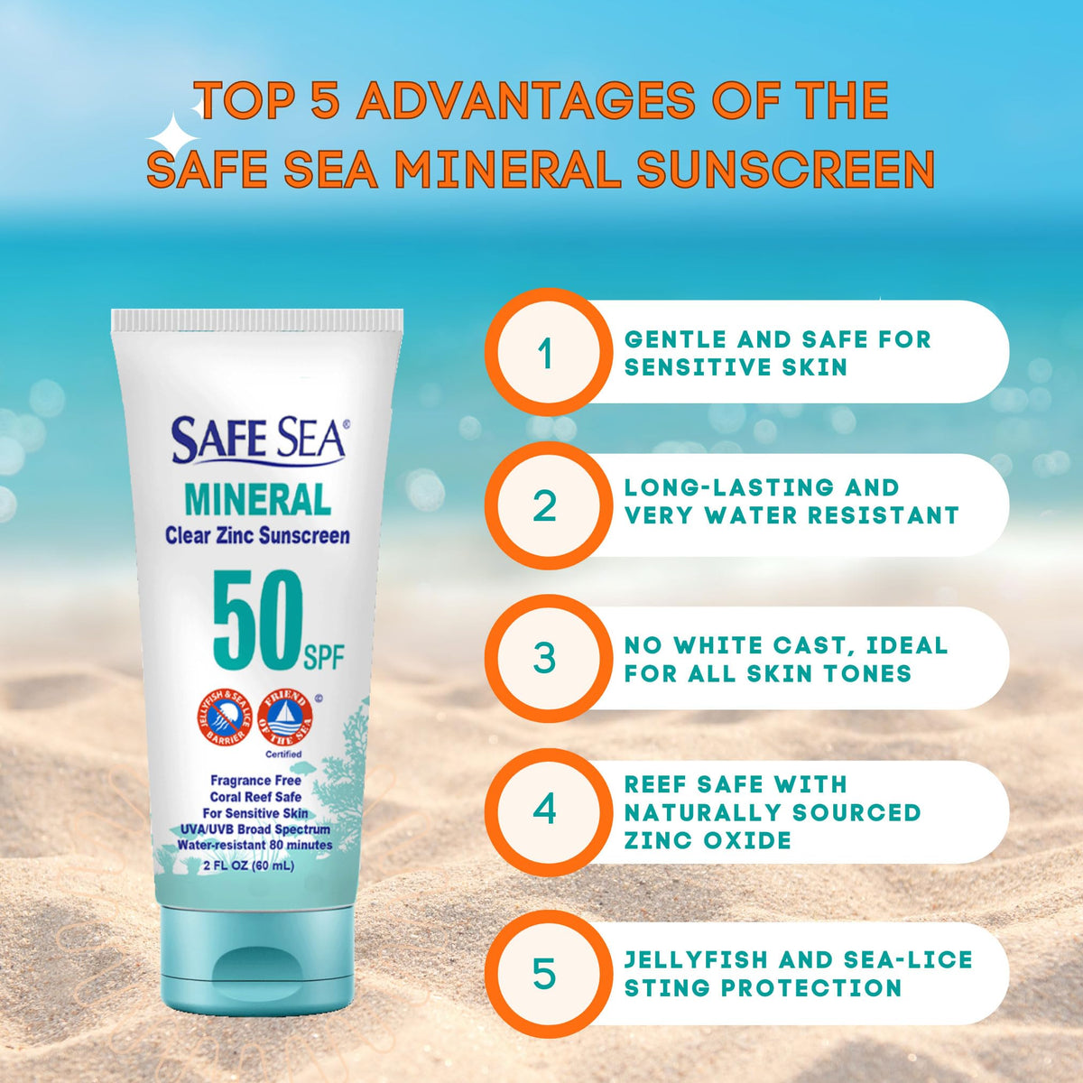 SAFE SEA clear mineral sunscreen for face and body with minimal whitening.
