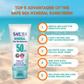 SAFE SEA clear mineral sunscreen for face and body with minimal whitening.