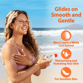 Safe Sea family beach scene with sunscreen for kids and adults