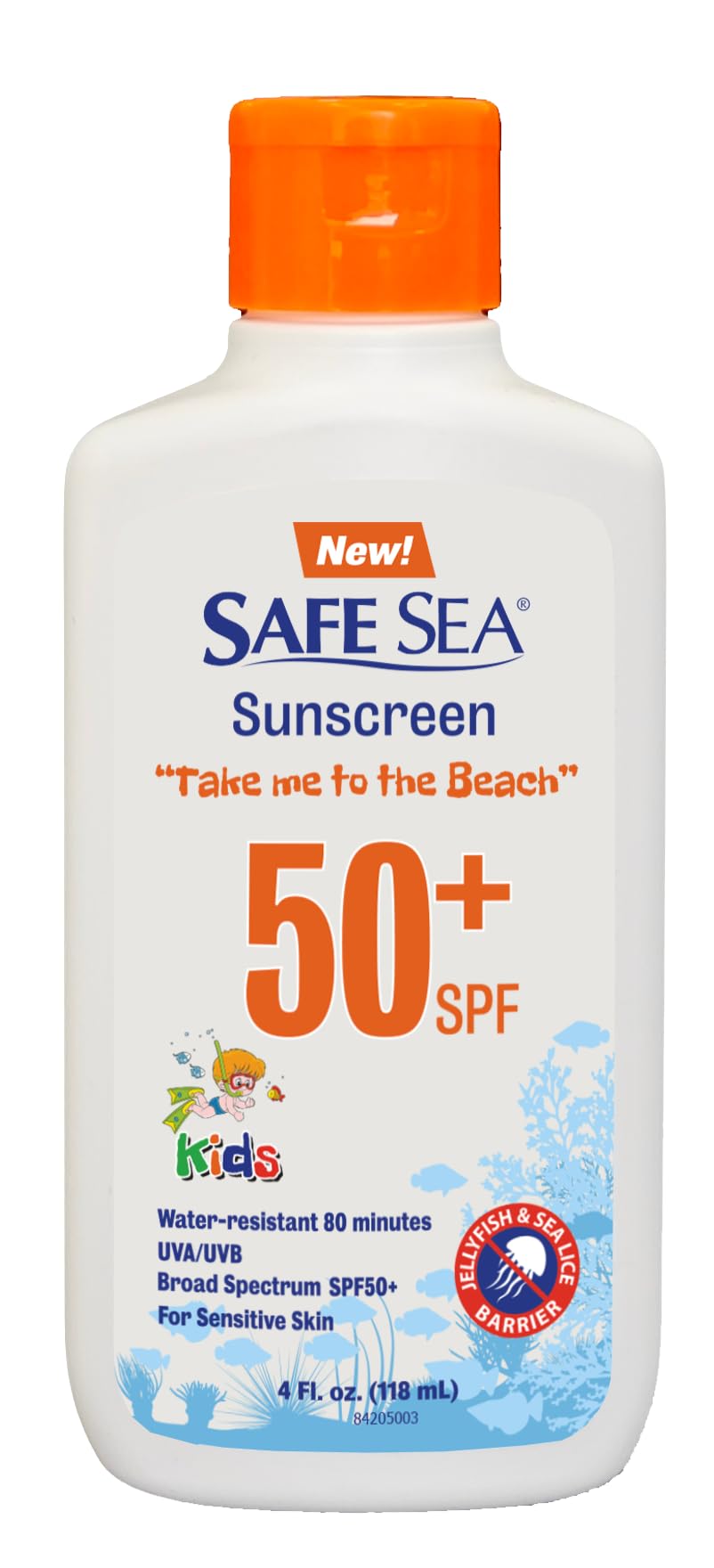 Safe Sea Kids sunscreen bottle pouring to protect against jellyfish stings on sunny days