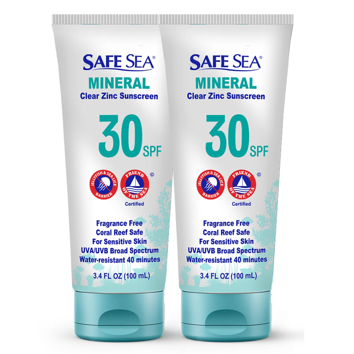 Safe Sea zinc oxide sunscreen bottle showing clear finish for face and body protection.