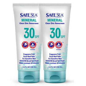 Safe Sea zinc oxide sunscreen bottle showing clear finish for face and body protection.