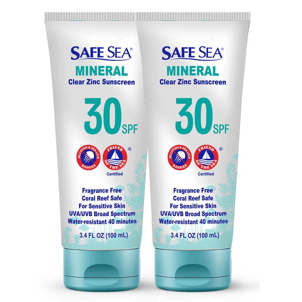 Safe Sea zinc oxide sunscreen bottle showing clear finish for face and body protection.