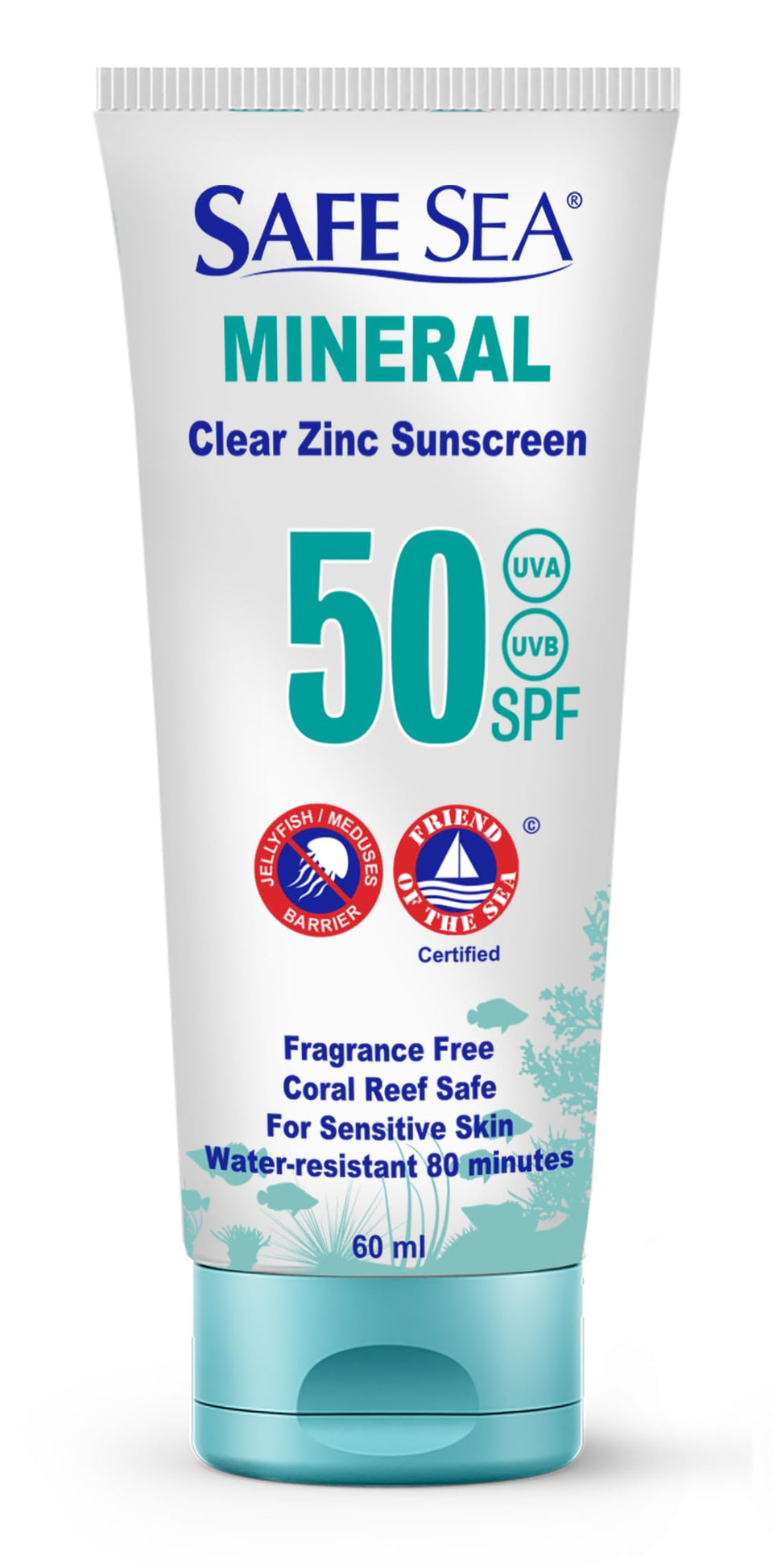 SAFE SEA zinc oxide sunscreen bottle offering reef-safe SPF protection for daily use.