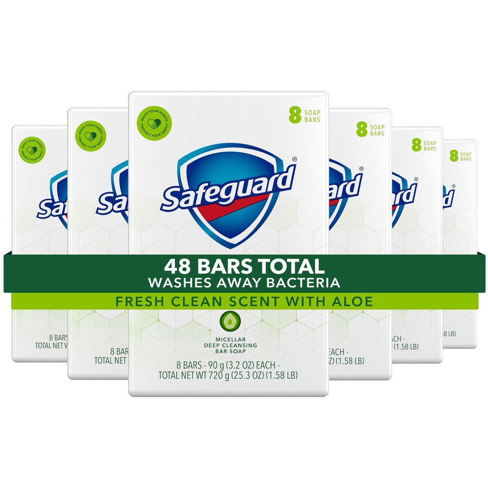 Safeguard White Aloe bar soap for gentle cleansing and bacteria removal.