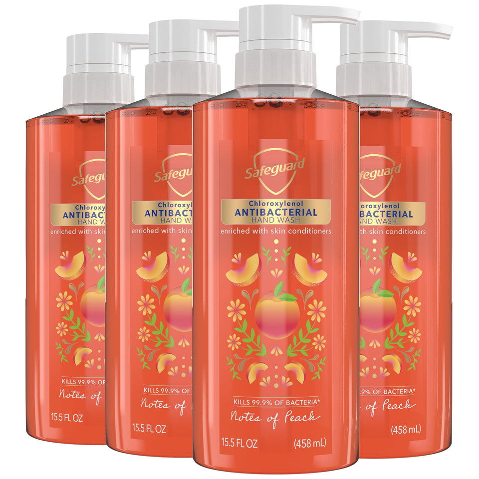 Safeguard Peach Hand Wash bottle front shows dependable antibacterial formula for daily use