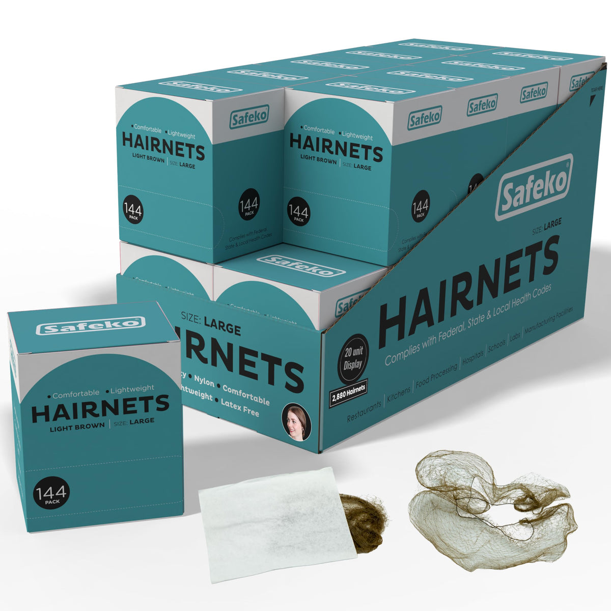 SAFEKO hair nets 144-piece pack for breathable all-day wear.