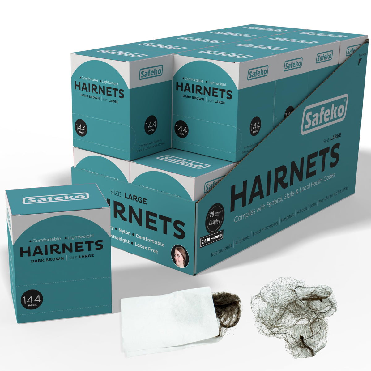 SAFEKO hair nets packaging with 144 individually wrapped units for hygienic use