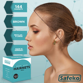 SAFEKO dark brown hair net worn to keep hair neatly out of the face