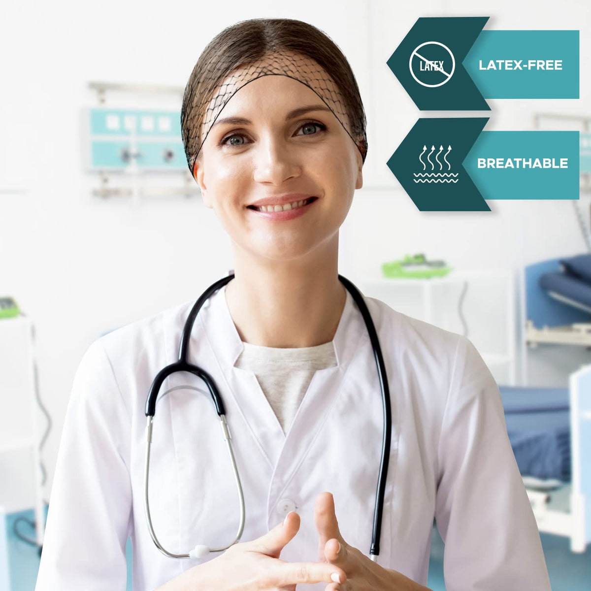 SAFEKO latex-free nylon hairnet for sensitive skin and irritation-free wear.
