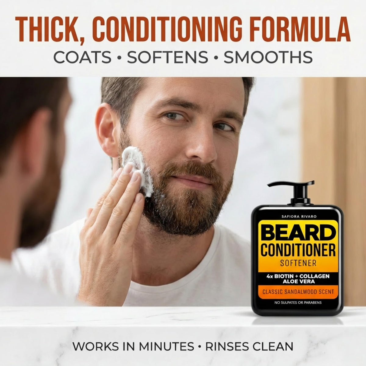 Safiora Rivaro beard itch relief close-up showing calm skin