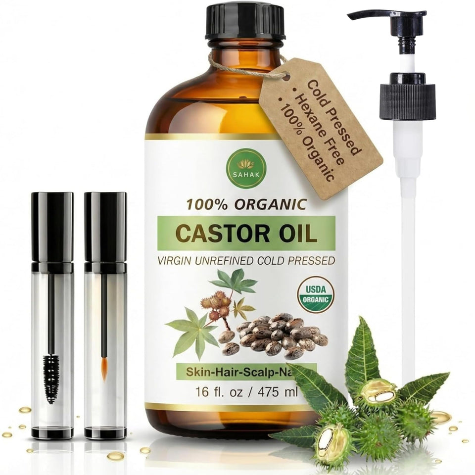 SAHAK castor oil bottle with pump for mess-free daily use.