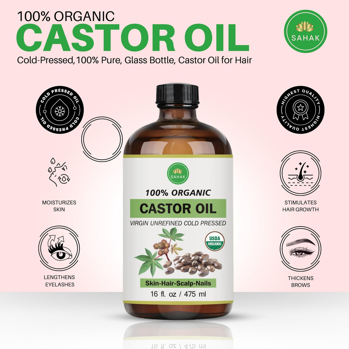 SAHAK castor oil close-up shows rich texture for hair and skin.