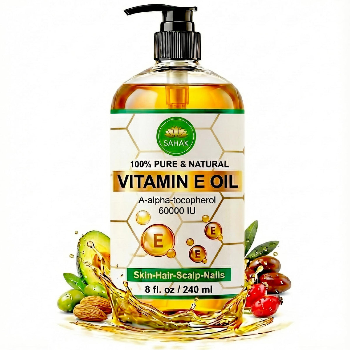 SAHAK Vitamin E Oil bottle pour demonstrates fragrance-free moisture for skin