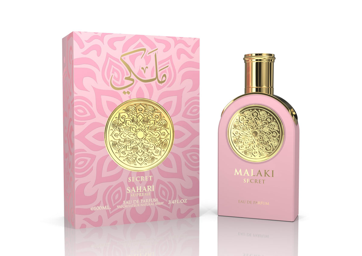Sahari Malaki Secret EDP bottle front, suggesting luxury and evening versatility