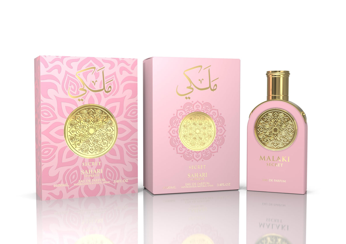 Sahari Malaki Secret EDP bottle on silk evokes refined, long lasting scent moments