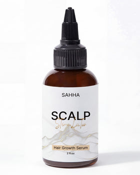 Sahha hair growth oil bottle close-up for fuller-looking hair support.