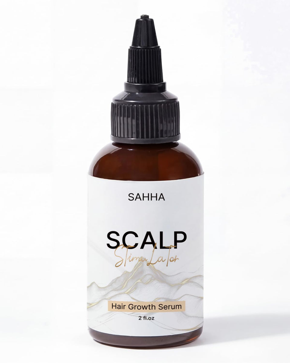 Sahha hair growth oil bottle close-up for fuller-looking hair support.