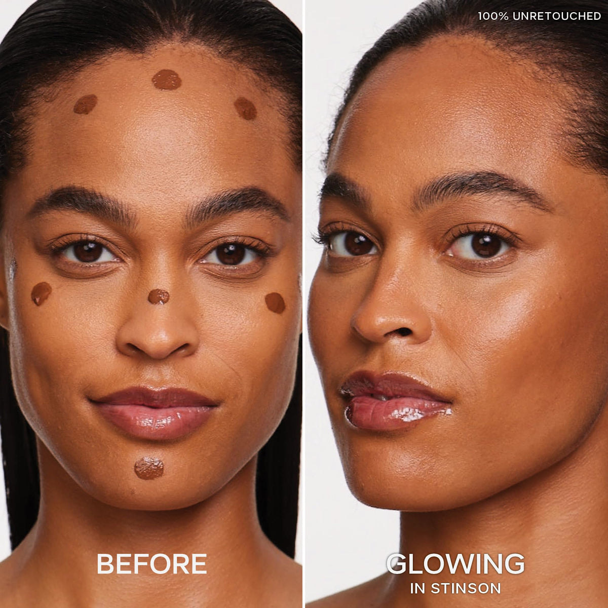 Saie Dew Bronze nose-bridge highlight for a subtle, natural-looking warmth.