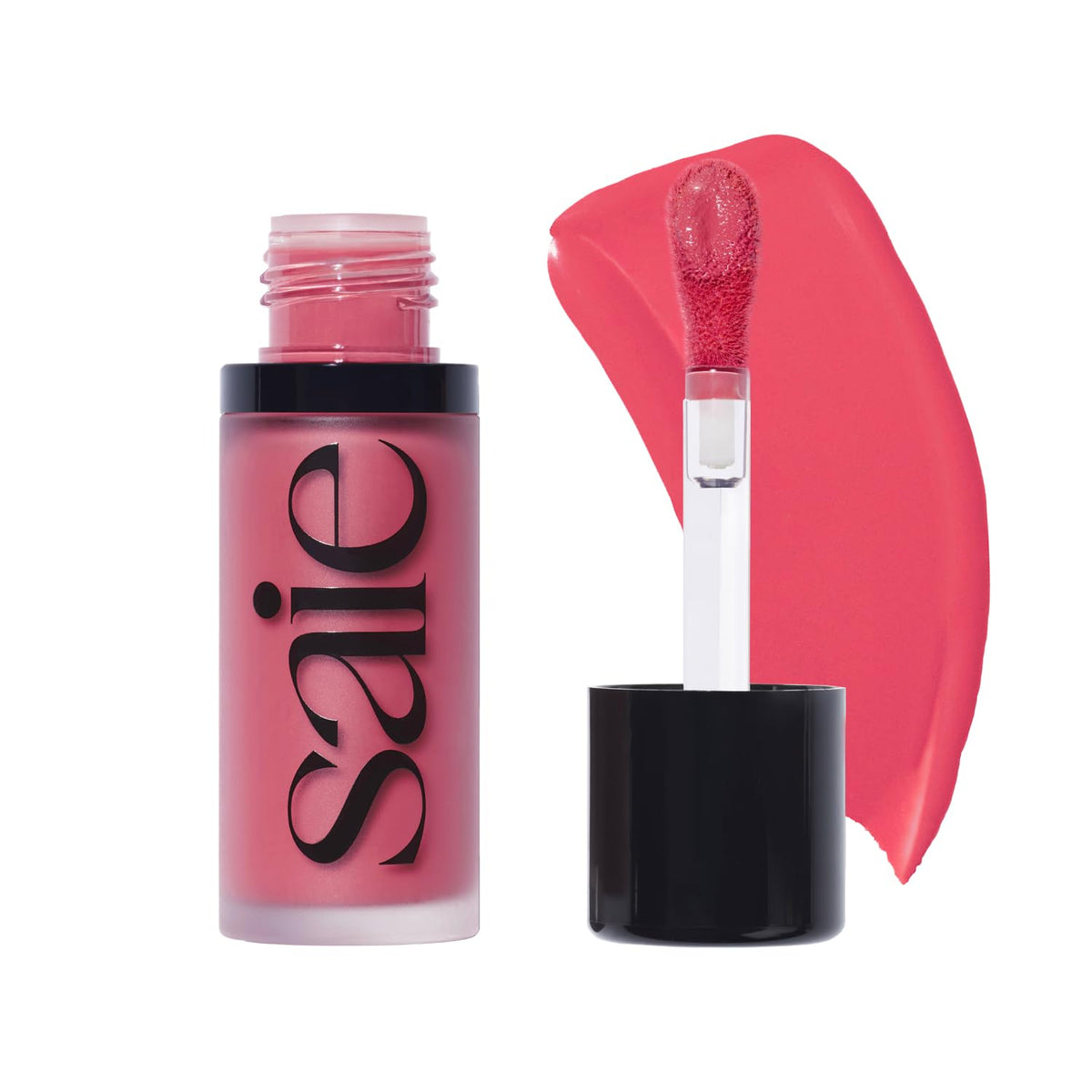 Saie Dew Liquid Blush bottle shot shows creamy texture for a dewy glow.