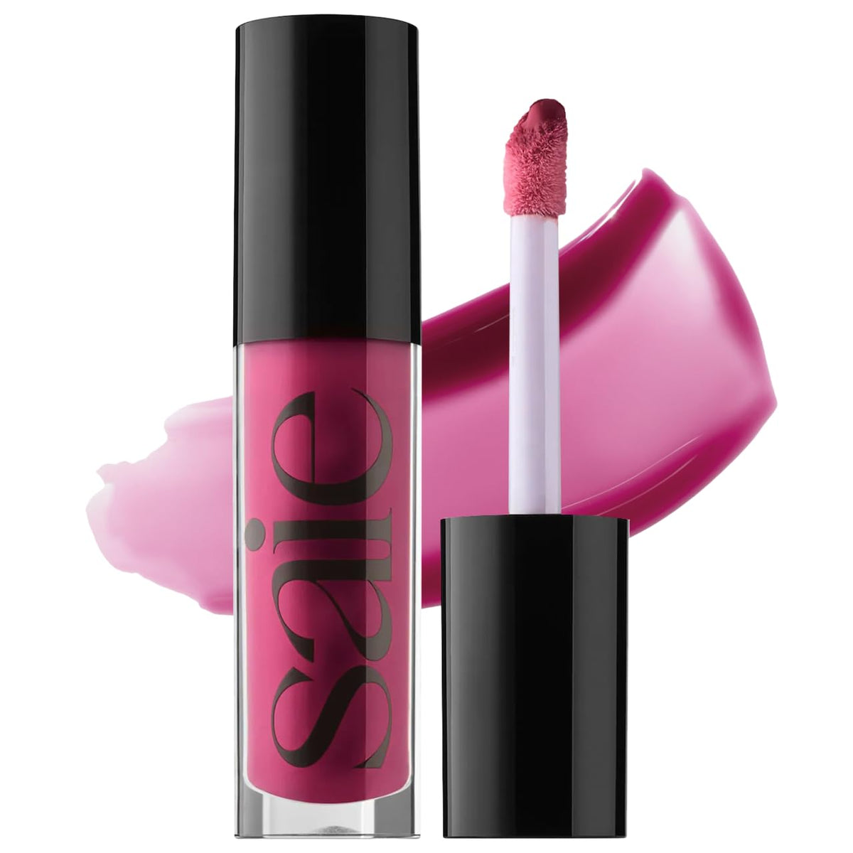 Saie Glossybounce bottle close-up showing glossy non-sticky shine, ideal for daily wear.