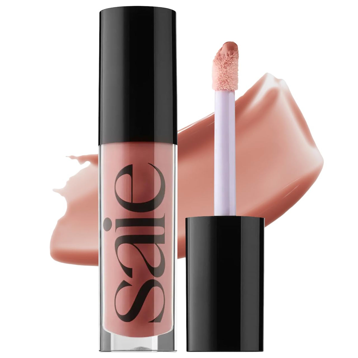 Saie Glossybounce bottle close-up for luxe non-sticky shine.