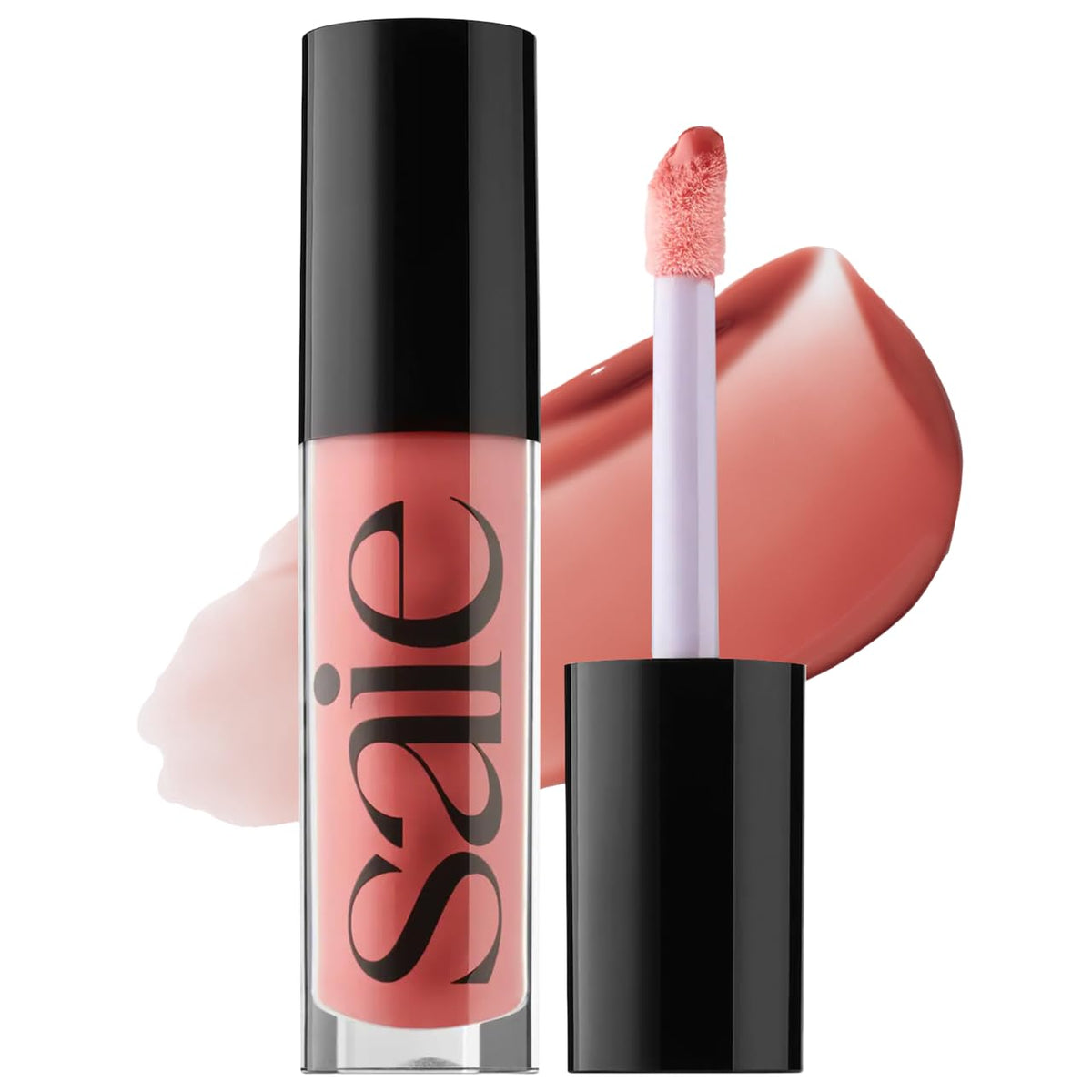 Saie GlossyBounce bottle pour showing hydrating gloss-oil in action for daily use