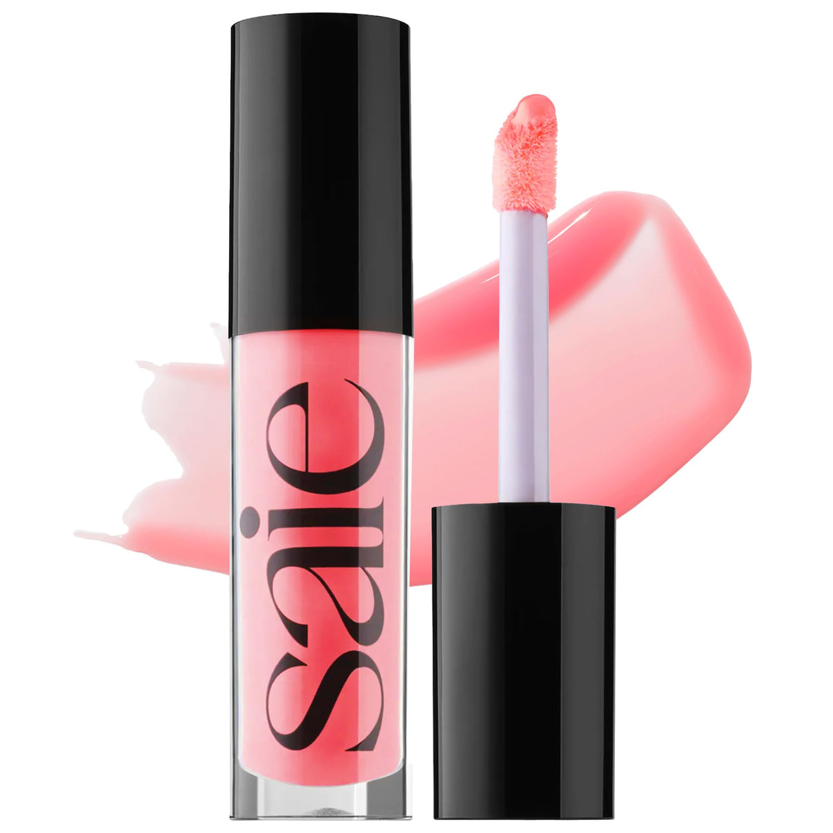 Saie Glossybounce Burst bottle closeup highlighting hydrating high-shine gloss-oil