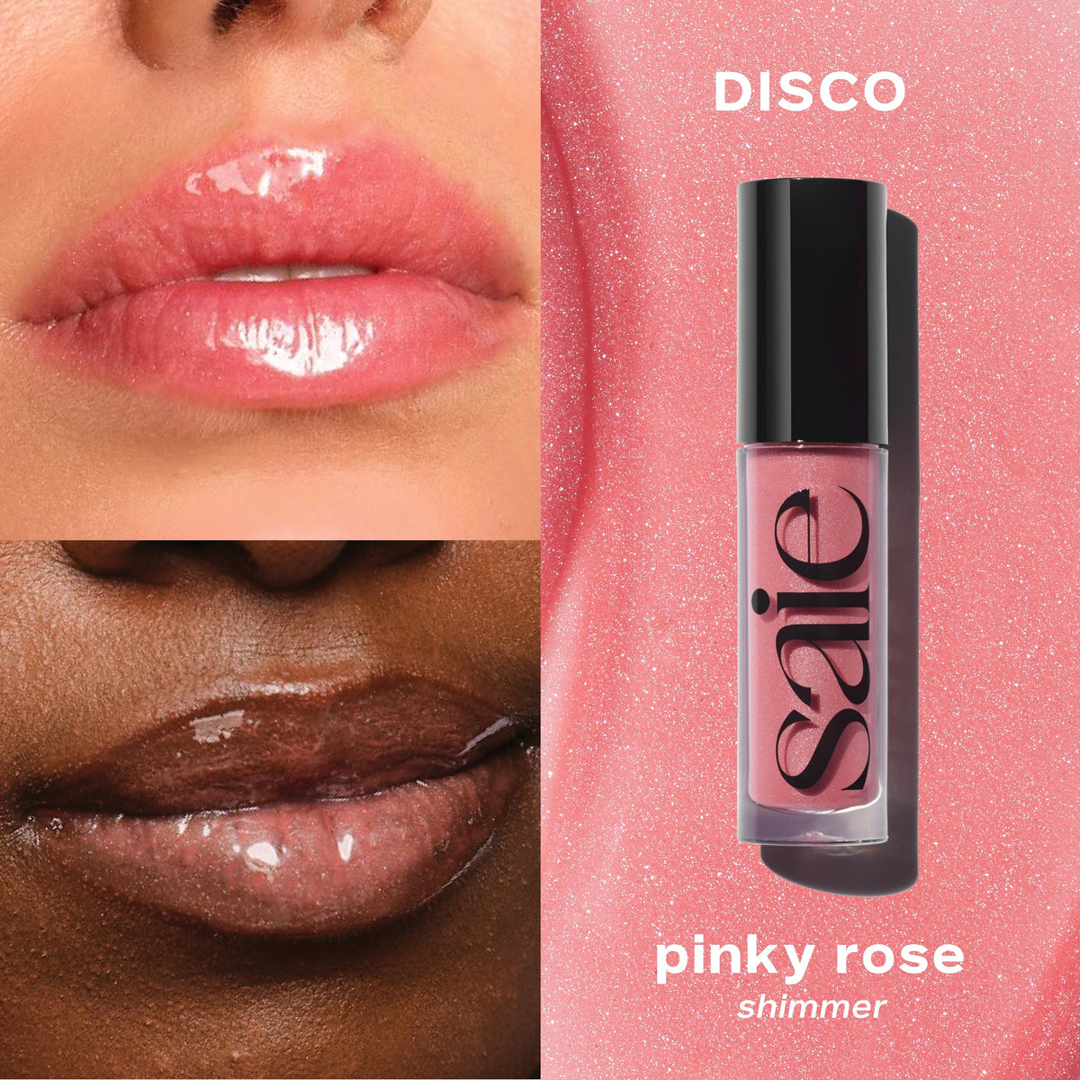 Disco shade swatch on lips showing sheer color and shine.