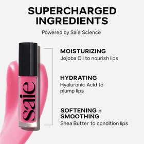 Saie Glossybounce lip swatch in a natural shade for everyday wear.