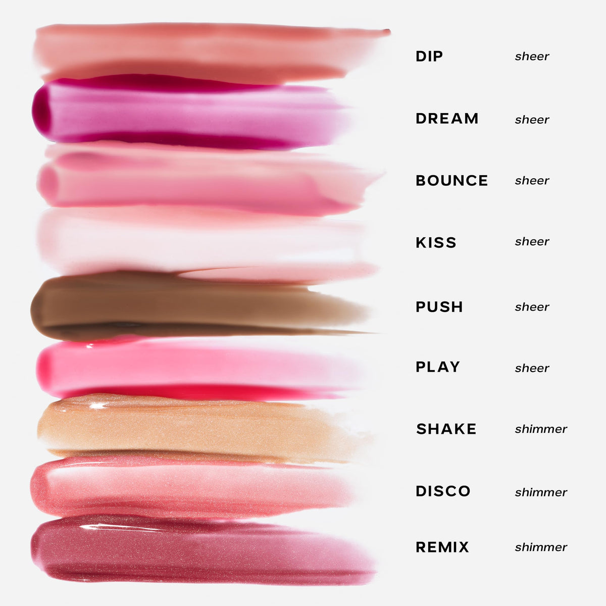 Saie Glossybounce shades collection swatches display sheer, lip-friendly tones.