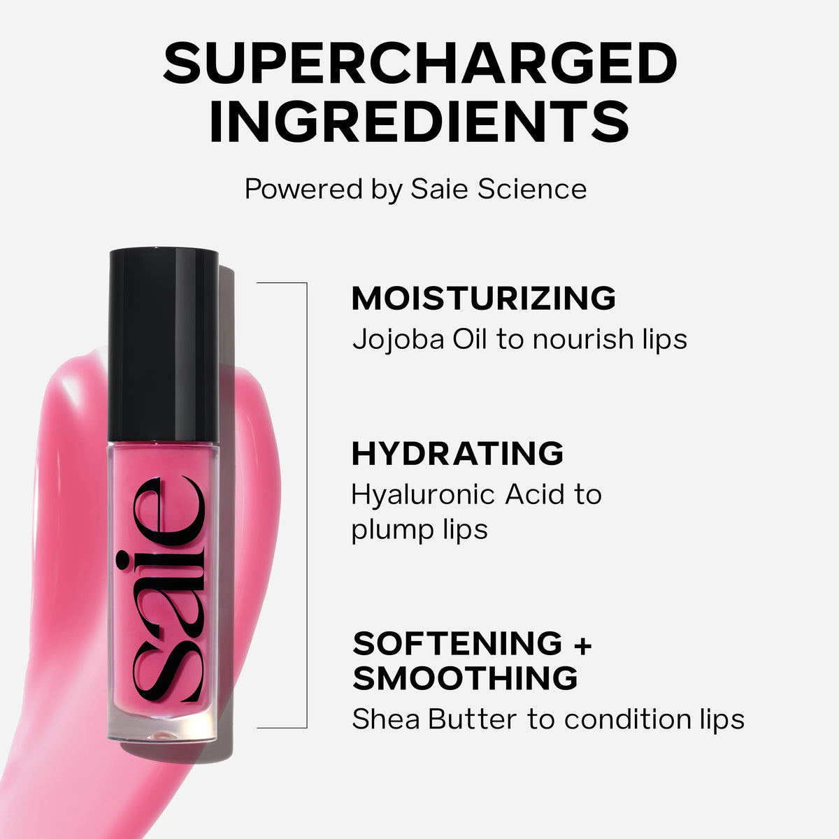 Saie Glossybounce sheer shade swatches display six wearable, lip-enhancing options.