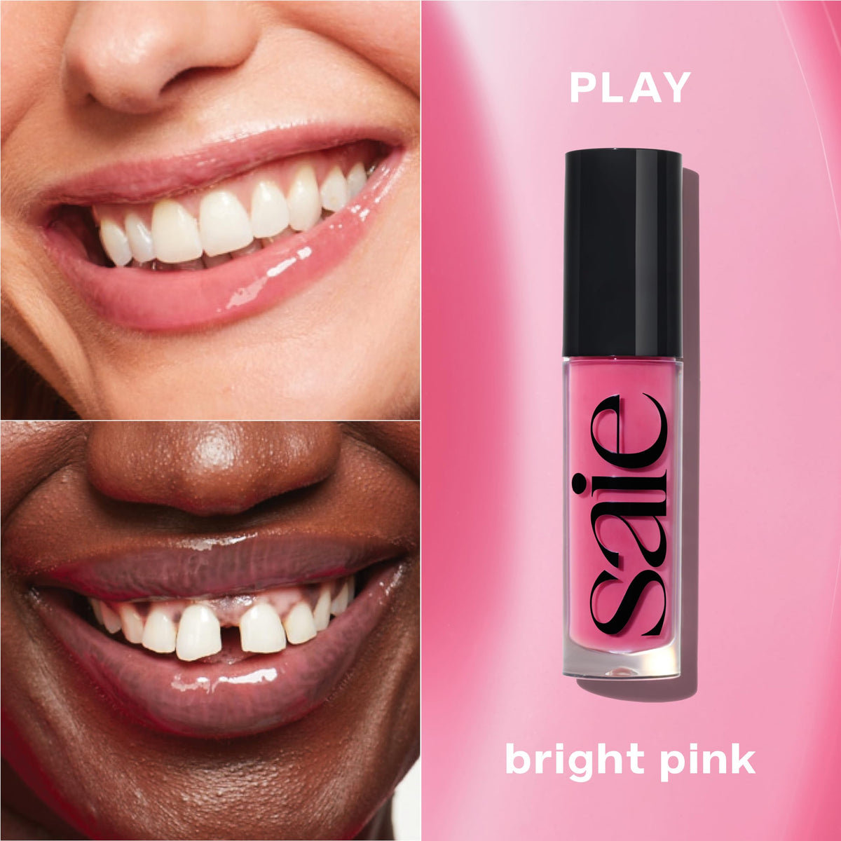Saie Glossybounce tube cap closeup highlights compact, travel-ready lip gloss oil hybrid.