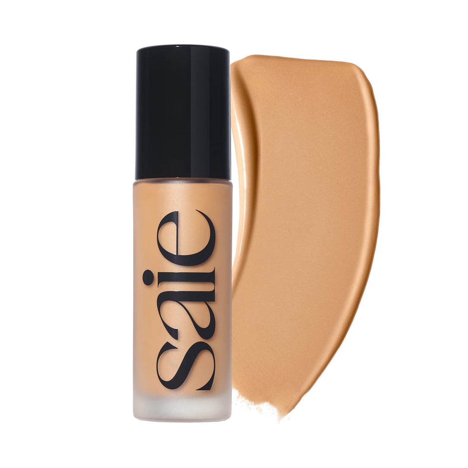 Saie Glowy Super Skin Tint bottle close-up showing hydration and glow.
