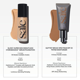 Saie Glowy Super Skin Tint on skin showing radiant, second skin glow