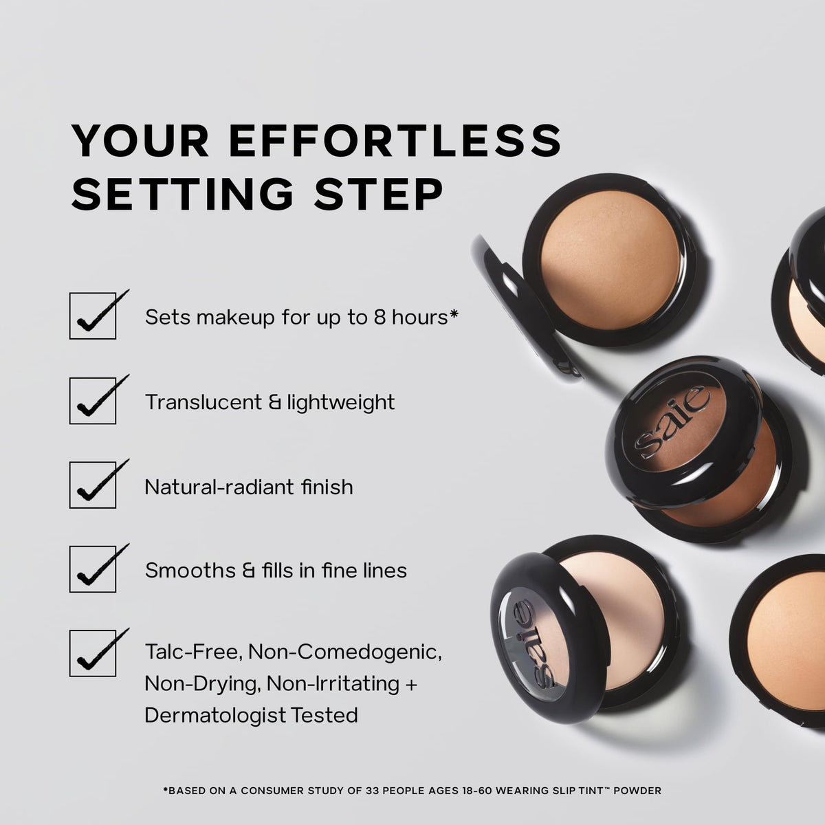 Saie Slip Tint Baked Setting Powder brightens while keeping makeup fresh