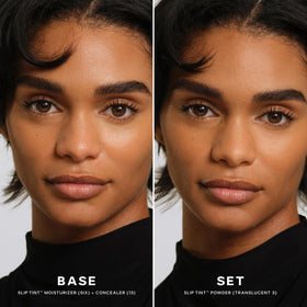 Saie Slip Tint Baked Setting Powder delivers skin-like finish and natural radiance