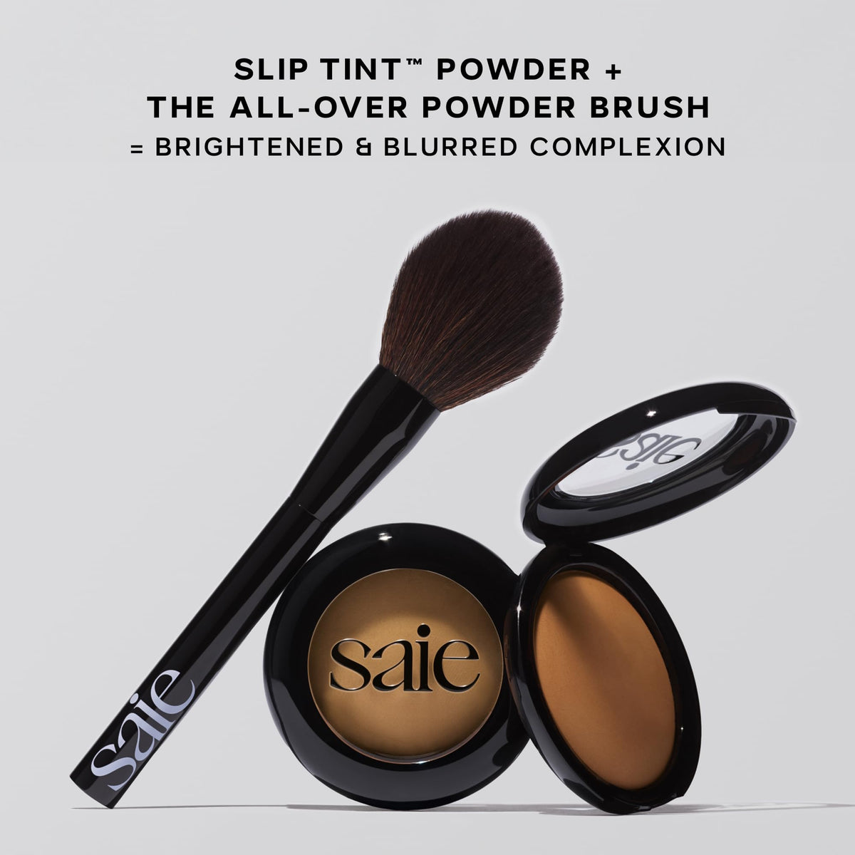 Saie Slip Tint Baked Setting Powder Translucent 1 yields an eight-hour finish.