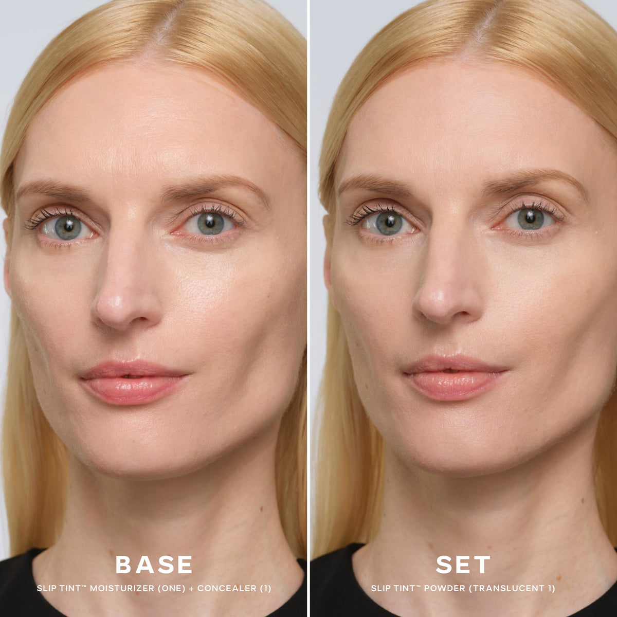 Saie Slip Tint Baked Setting Powder Translucent 1 brush application shows easy brightening.
