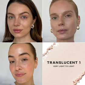 Saie Slip Tint Baked Setting Powder Translucent 1 compact closeup highlights natural finish.