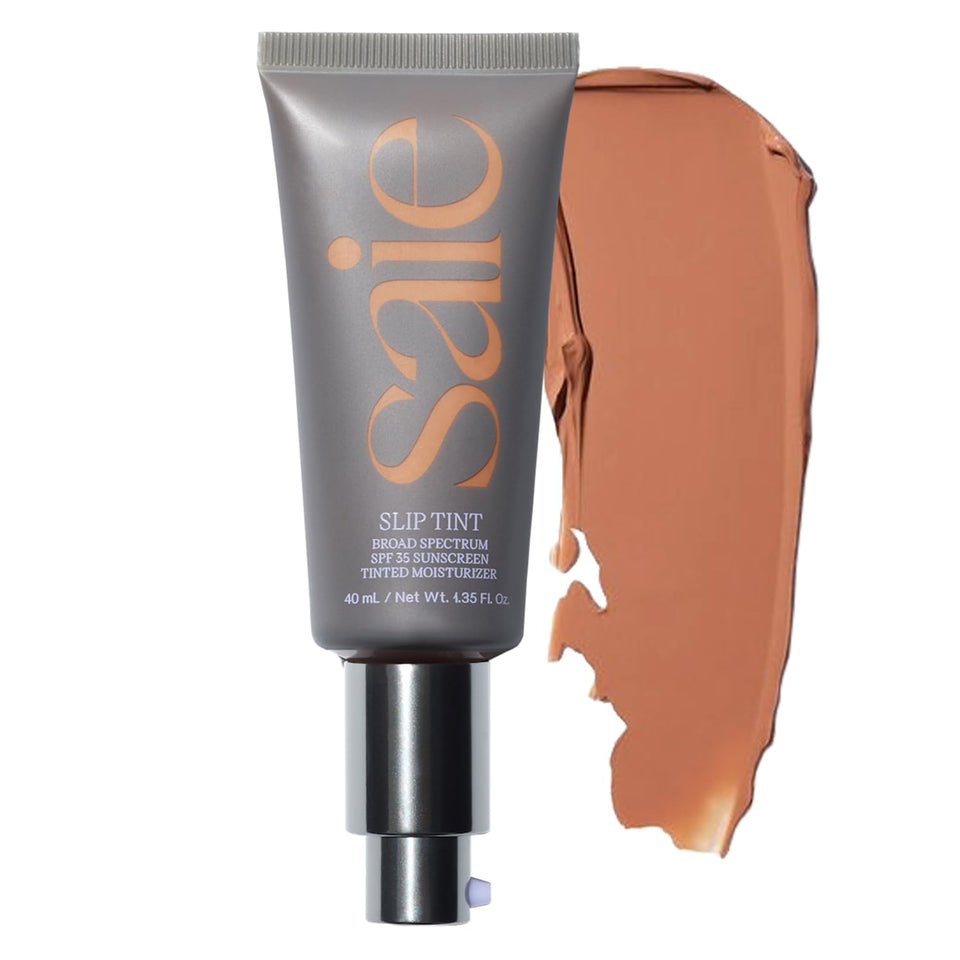Saie Slip Tint SPF 35 bottle pump showing easy, on-the-go moisturizing tint